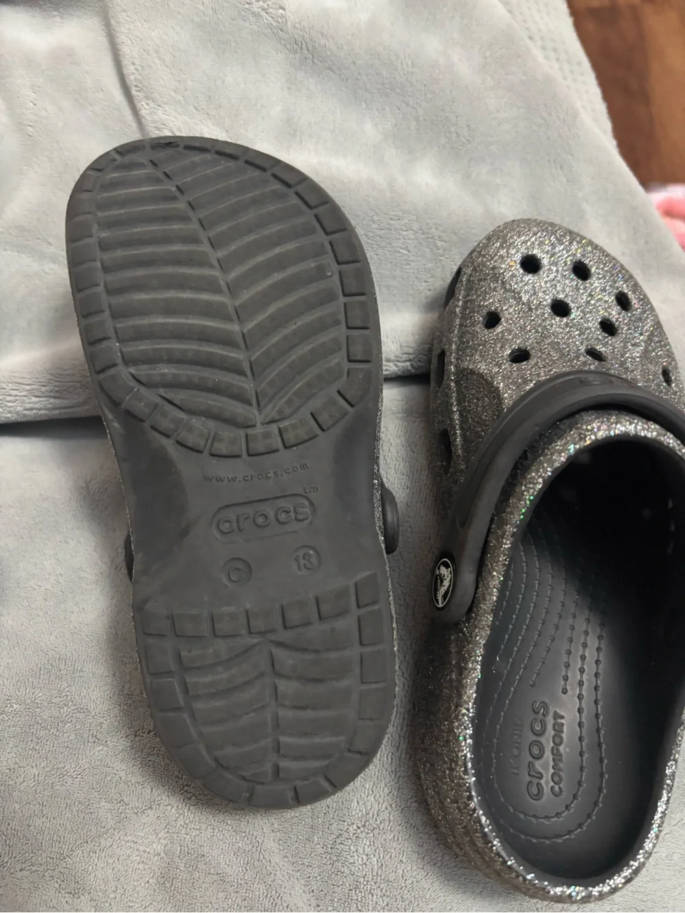 CROCS Kids Glitter Classic Clog in Silver Glitter with Black Strap